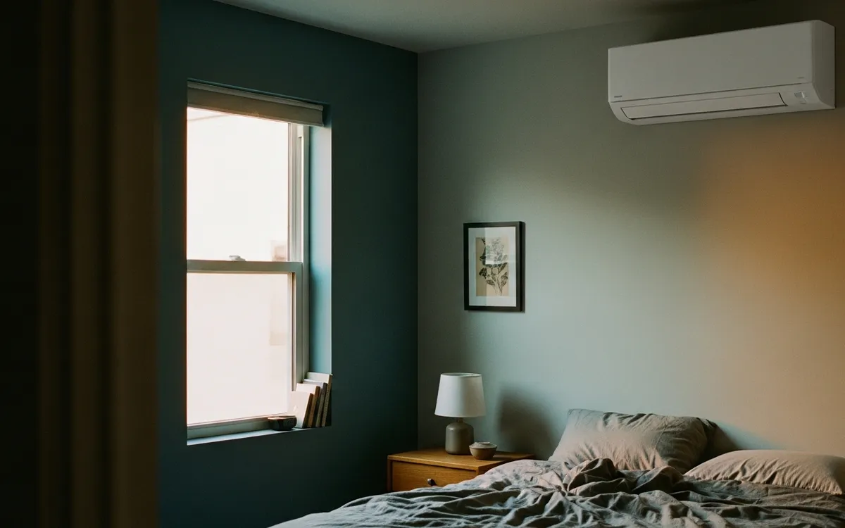 A contemporary residential bedroom with a wall-mounted ductless mini-split unit visible high on the wall.